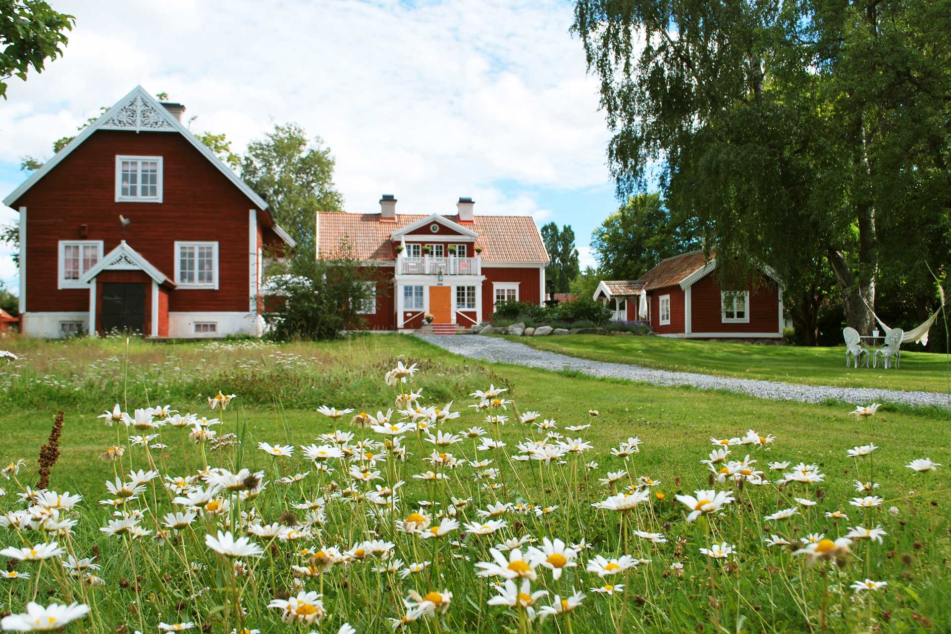 Gårdshus hos Hem till Gården AB med sommaräng i förgrund. Fotograf: Pressbild, Hem till Gården