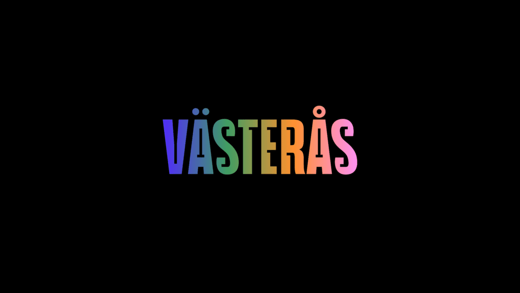 Grafisk bakgrund med ordet Västerås fyllt regnbågens färger. Animation.