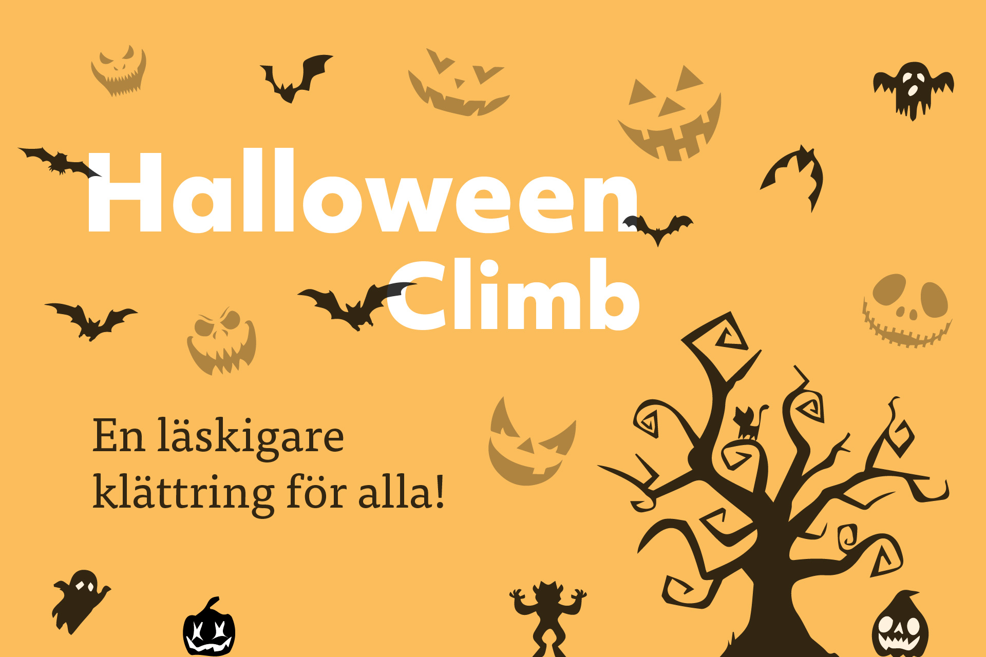 Texten "Halloween Climb" mot en orange bakgrund med svarta pumpor, fladdermöss och ett ödsligt träd.