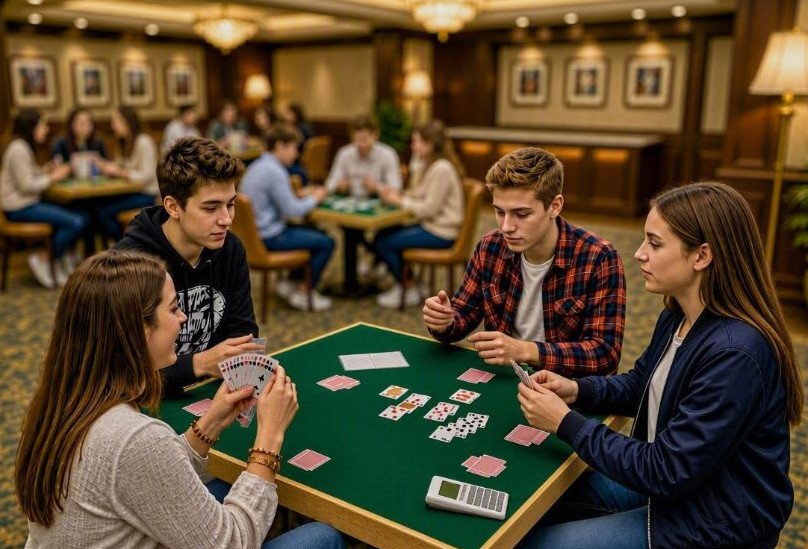 Fyra ungdomar sitter runt ett bord och spelar bridge. Bilden är AI-genererad.