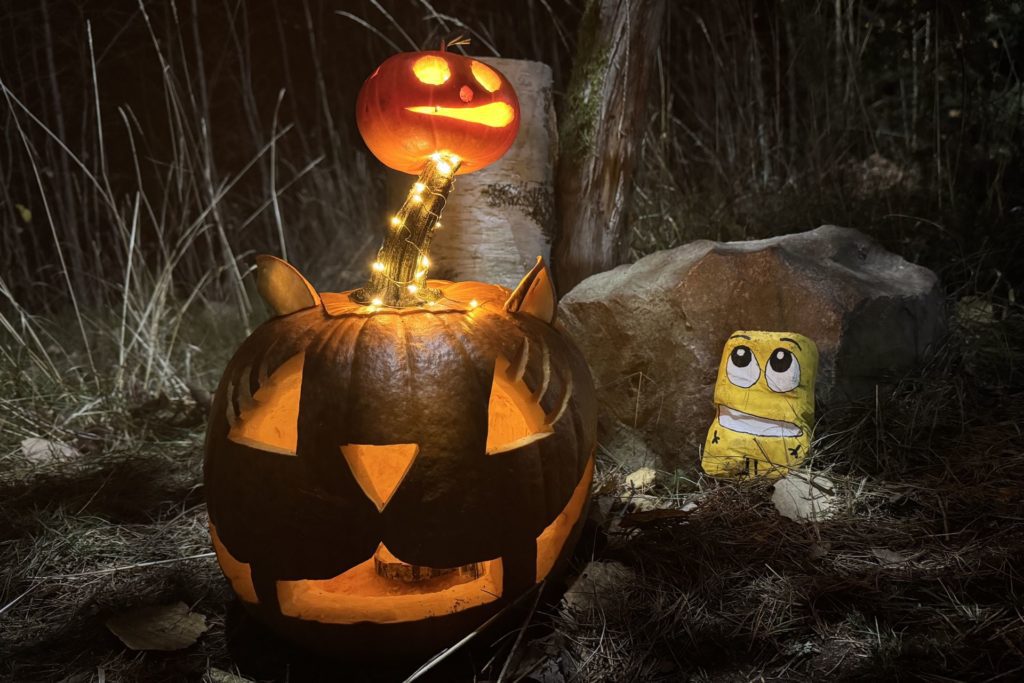 En upplyst Halloweenpumpa bredvid en av Dingisarna.