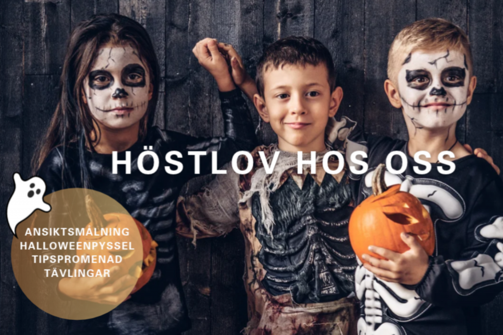Tre halloweenutklädda barn på pressbilden för höstlovet på Kvarteret Igor.