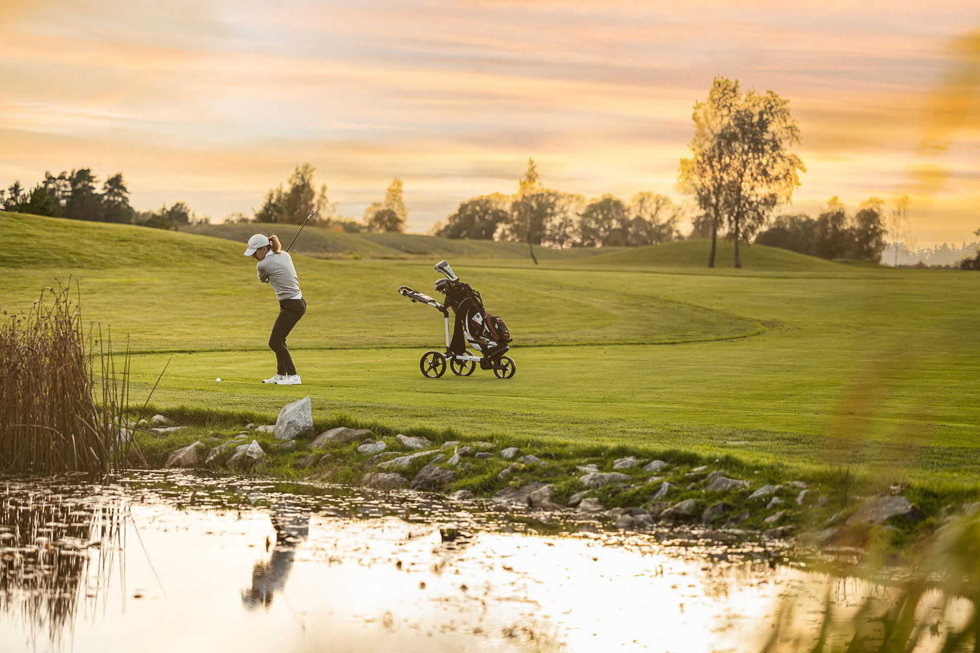 Kvinna gör sig redo att slå ett slag på golfbanan i rosa solnedgångsskimmer.