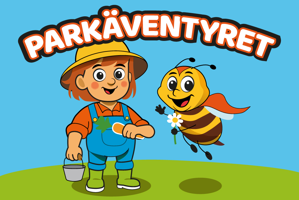 Animerad bild som föreställer en bonde och ett bi. Reklam för spelet Parkäventyret i Enköping.