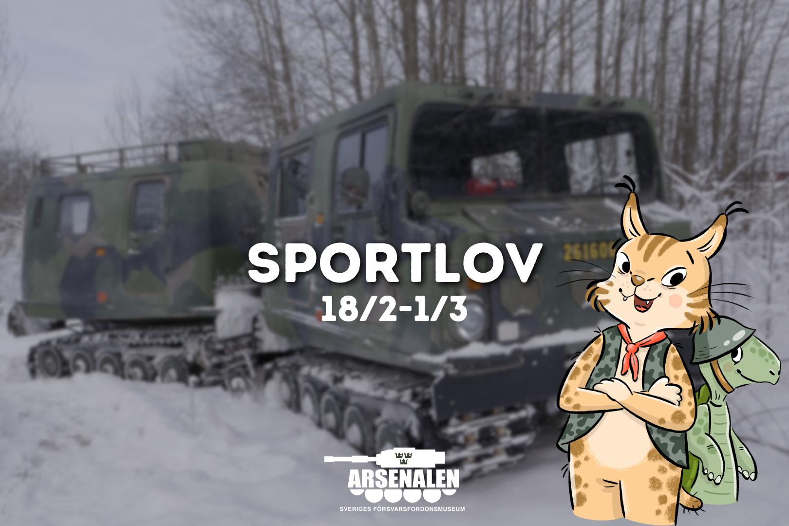 En bandvagn i snön med texten "Sportlov 18/2-1/3" och Arsenalens animerade maskot på.