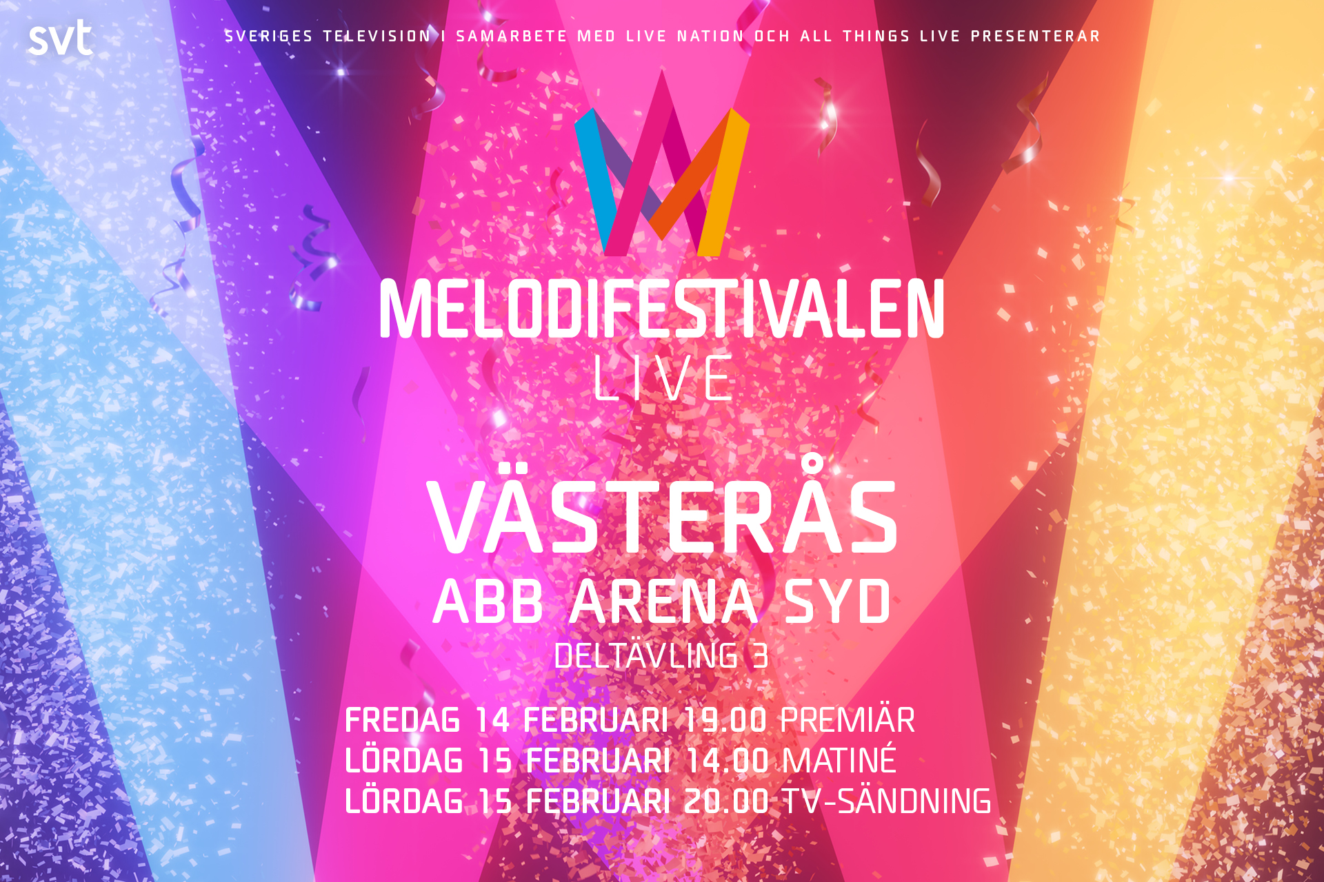 Melodifestivalens logotyp med information om deltävling tre i Västerås 2025. Grafisk bild.