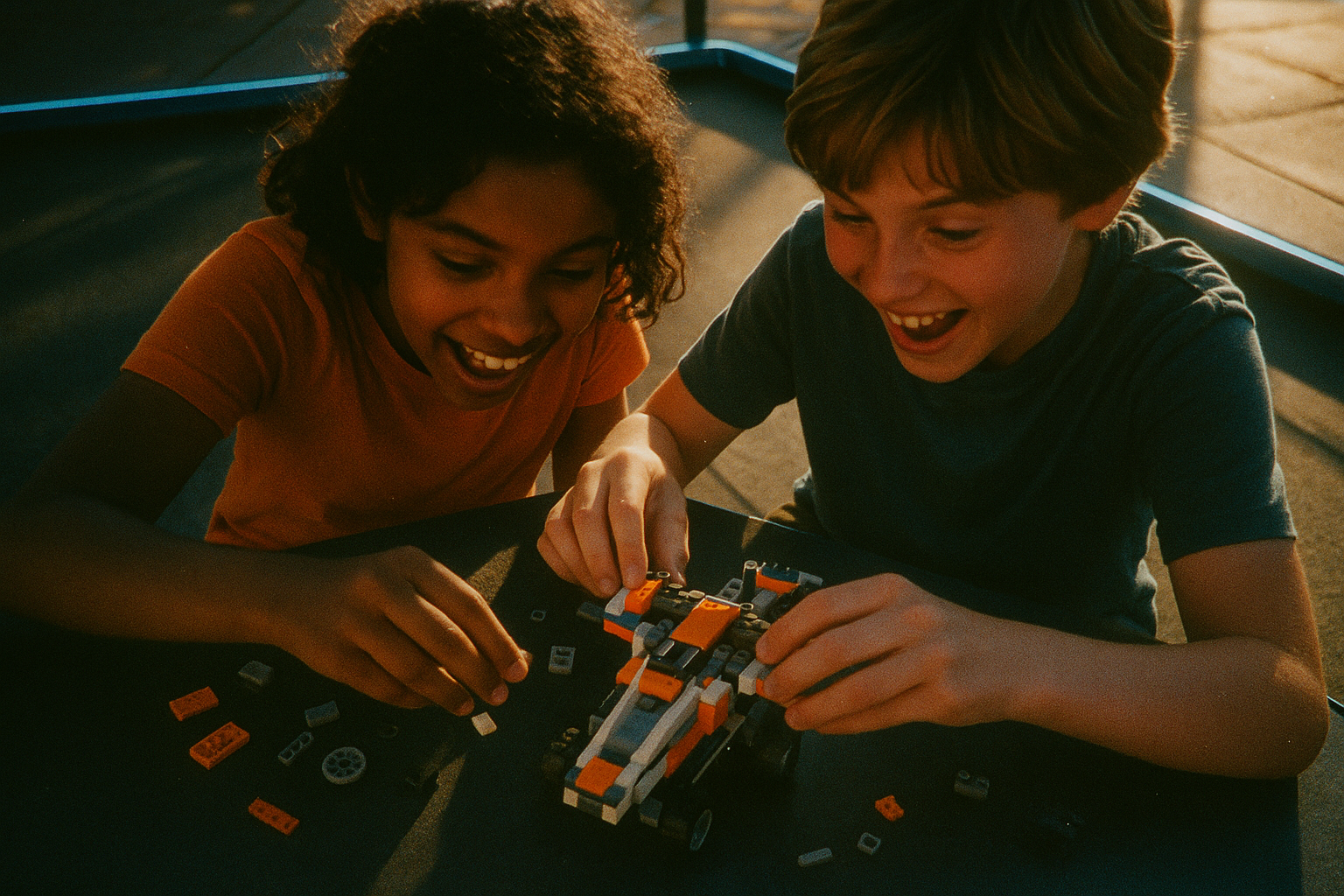 AI-genererad bild på två barn som bygger lego.