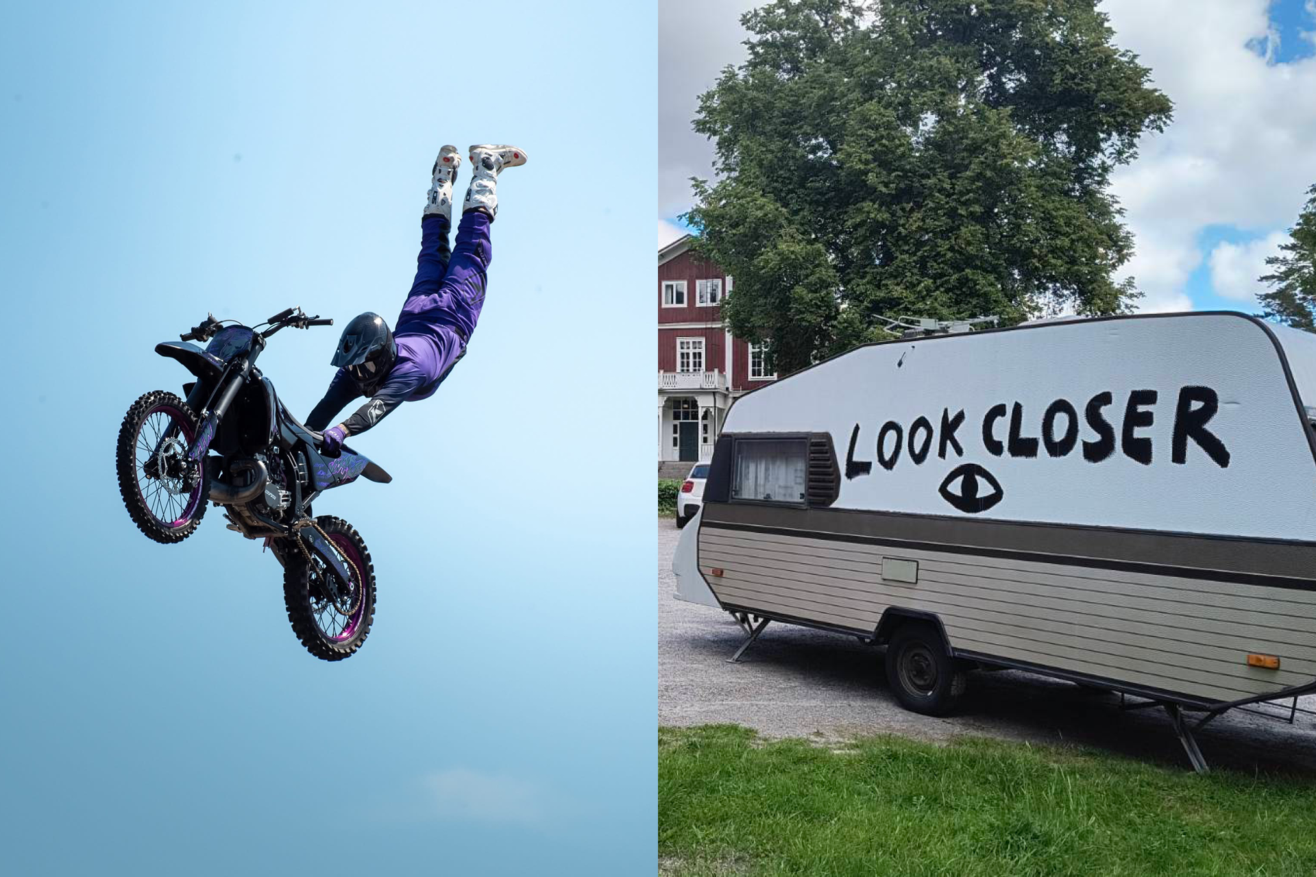Kollage med två bilder. Ena bilden visar en motorcrossåkare i lyften. Andra bilden visar en övergiven husvagn med texten "LOOK CLOSER".