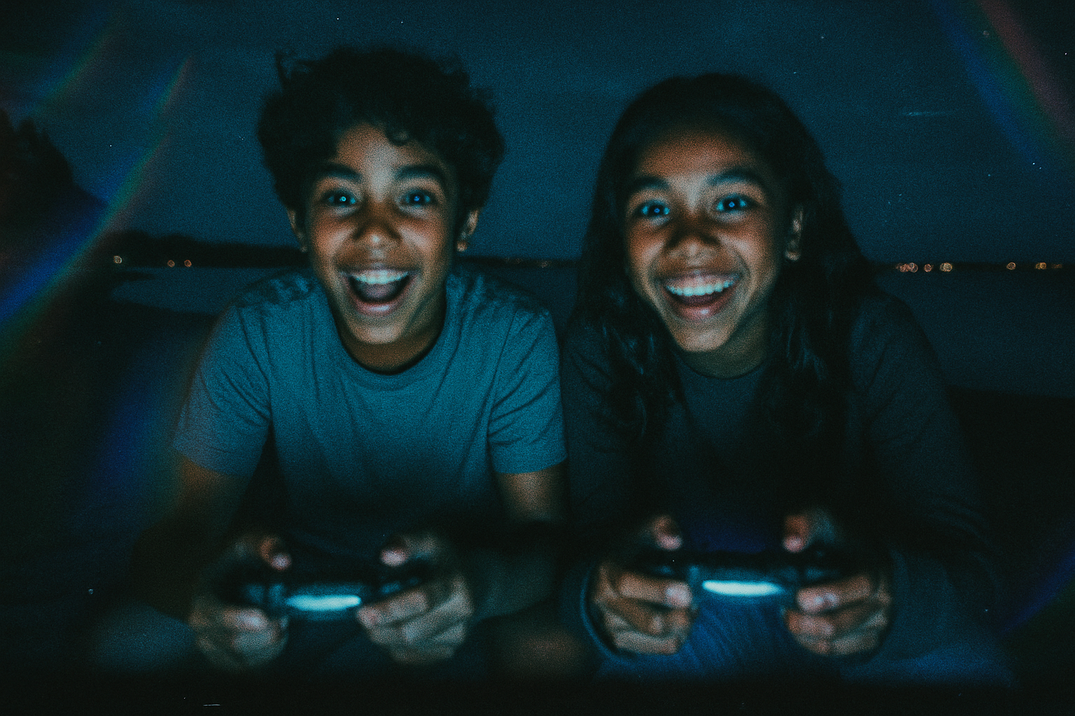 Två tonåringar spelar konsolspel och skrattar. Skärmljus lyser upp ansiktet. Bilden är AI-genererad.