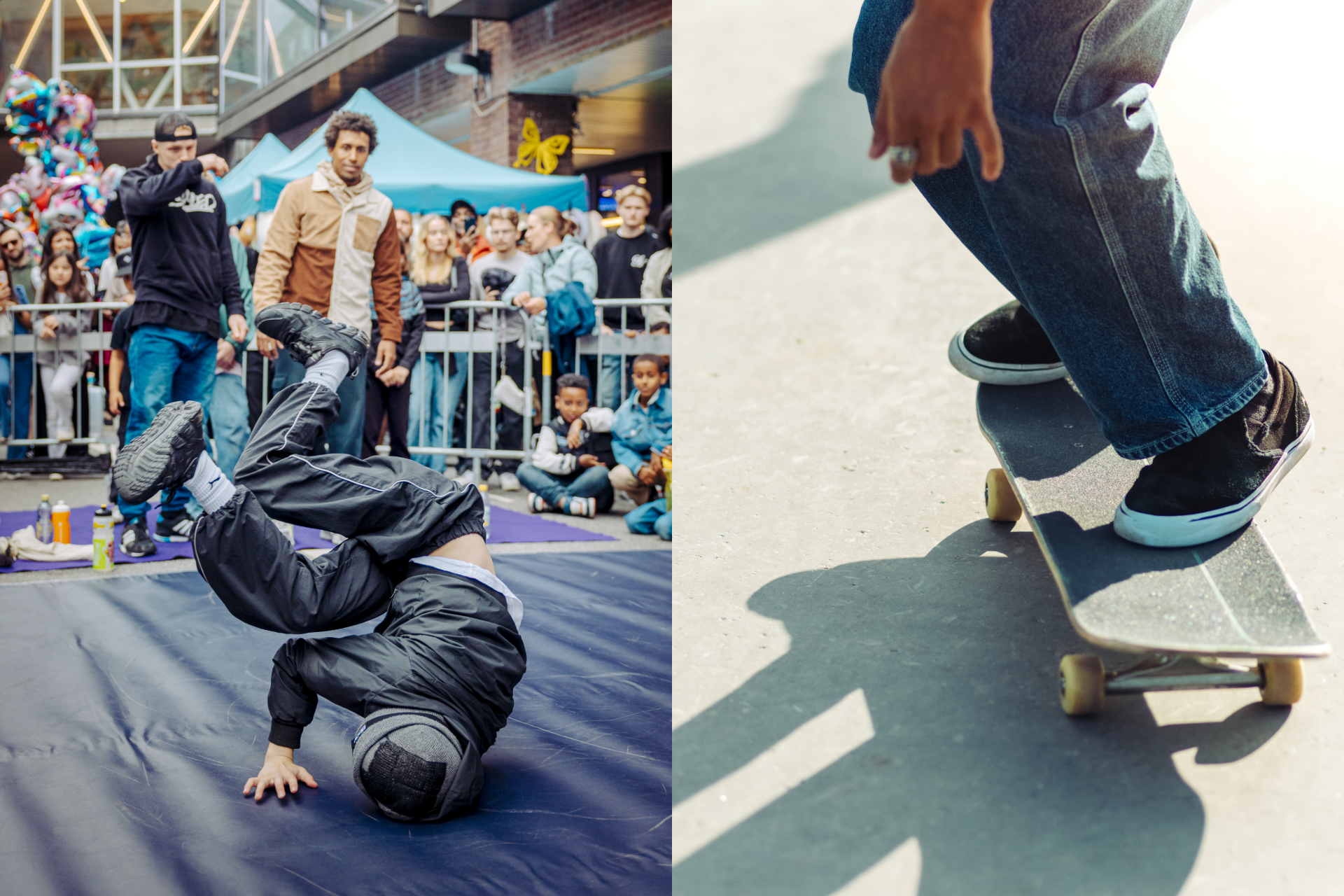 Kollage med två bilder. Ena bilden visar en visar en dansare som dansar breakdance. Den andra är på en skateboard.
