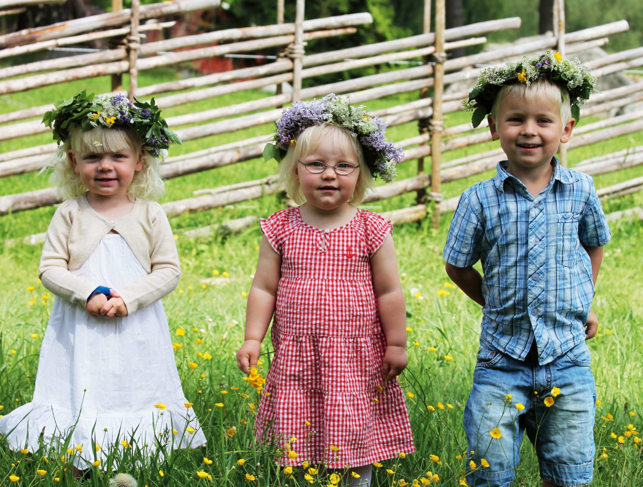 Midsommar på Vallby Friluftsmuseum, bild på tre barn som är sommarklädda och har blomsterkransar på sig