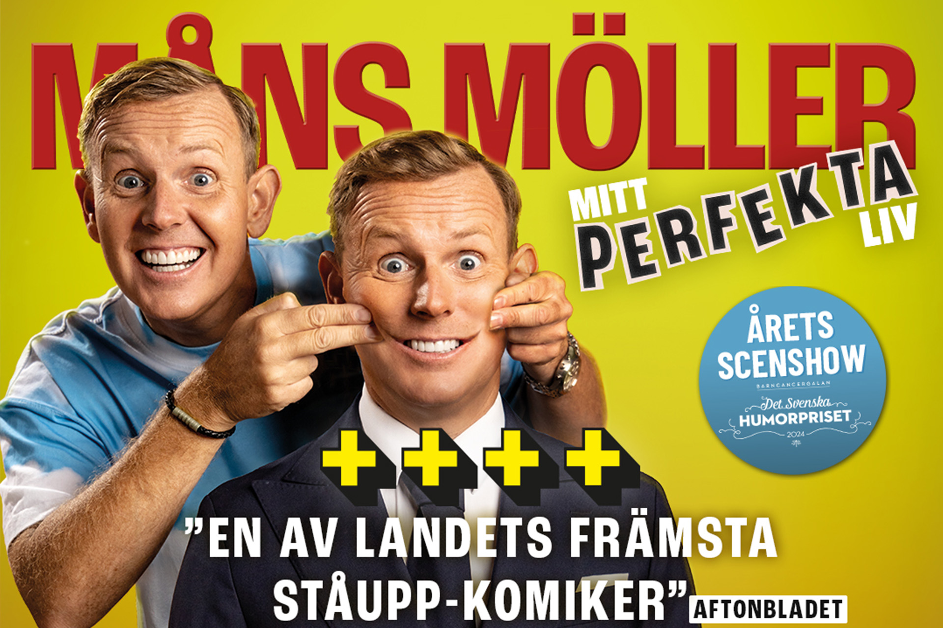 Pressbild för Måns Möllers föreställning Mitt perfekta liv inklusive recentioner. Pressbild för Måns Möllers föreställning Mitt perfekta liv inklusive recentioner.