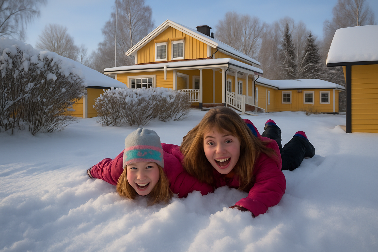 AI-genererad bild som föreställer två flickor som ligger i snön framför ett gult hus.