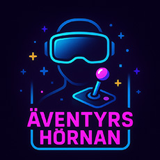 Logotyp för Äventyrshörnan AB. En illustration av person med VR-glasögon framför en joystick.