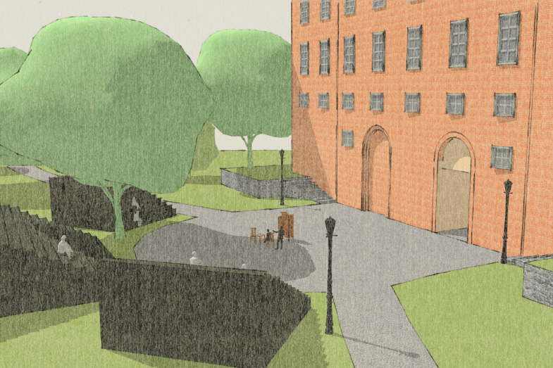 Illustration över Västerås slotts gårdsplan när tre gradänger för teaterpublik står uppställda.