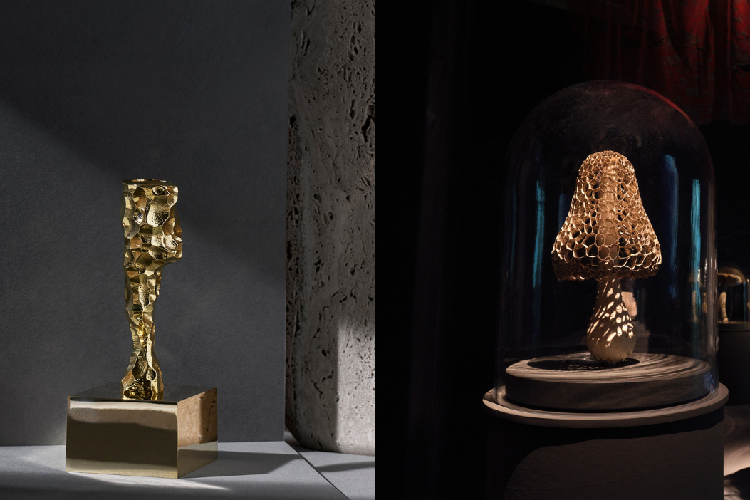 Tvådelad bild där vänster sida visar en skulptur från Skultuna Messingsbruk och höger sida visar en skulptur från utställningen Growth / Decay - från frö till förfall på Västerås Konstmuseum.