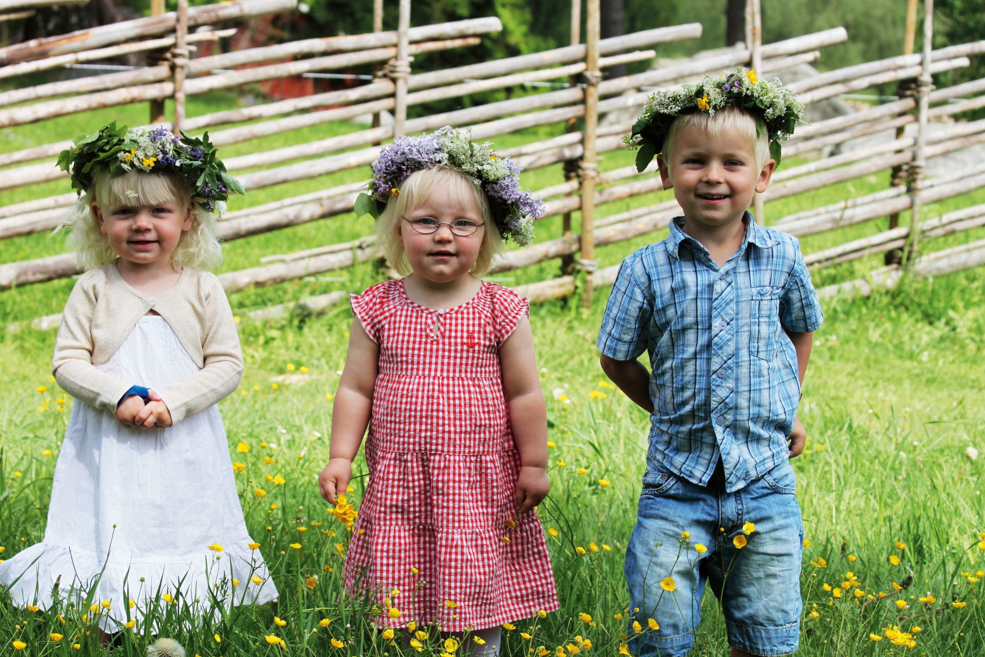 Midsommar på Vallby Friluftsmuseum, bild på tre barn som är sommarklädda och har blomsterkransar på sig.