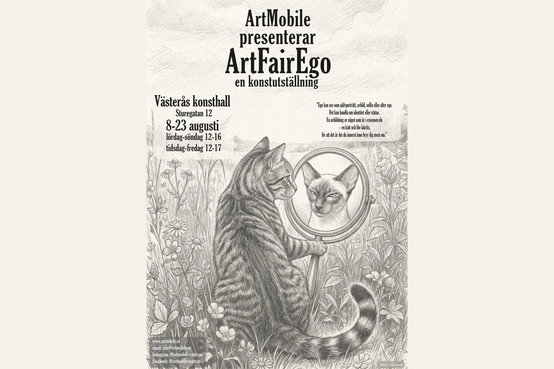 Pressbild för konstutställningen ArtFairEgo. En bondkatt på en blomsteräng tittar på sig själv i en spegel och ser en spegelbild av en siameskatt.
