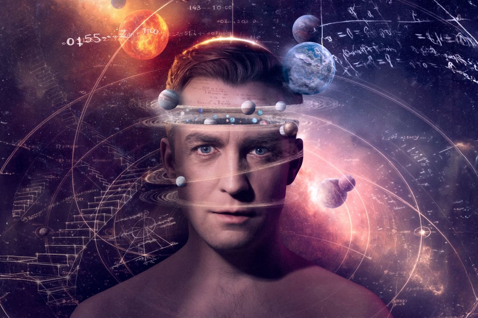 Pressbild för teaterföreställningen "Galileis liv" på Västmanlands teater. En man föreställande Galilei med planeter som snurrar runt hans huvud och matematiska ekvationer i bakgrunden.