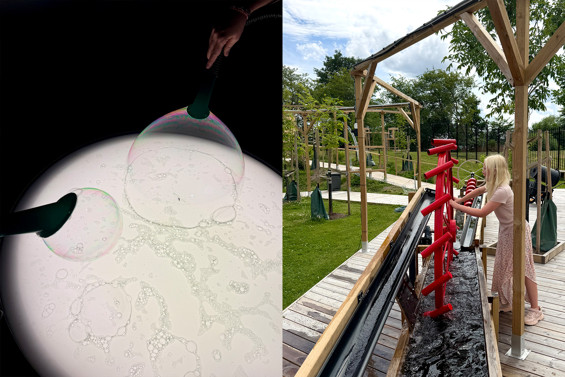 Kollage på expriment och flicka som testar expriment utom hus i baddarens science park.