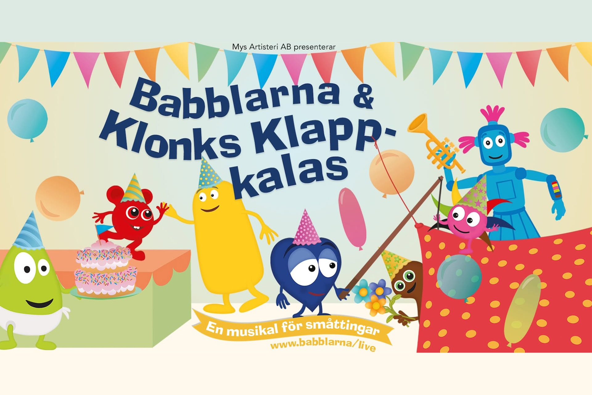 En tecknad bild där Babblarna firar Klonks födelsedag med vimplar, ballonger, tårta, paket och partyhattar.