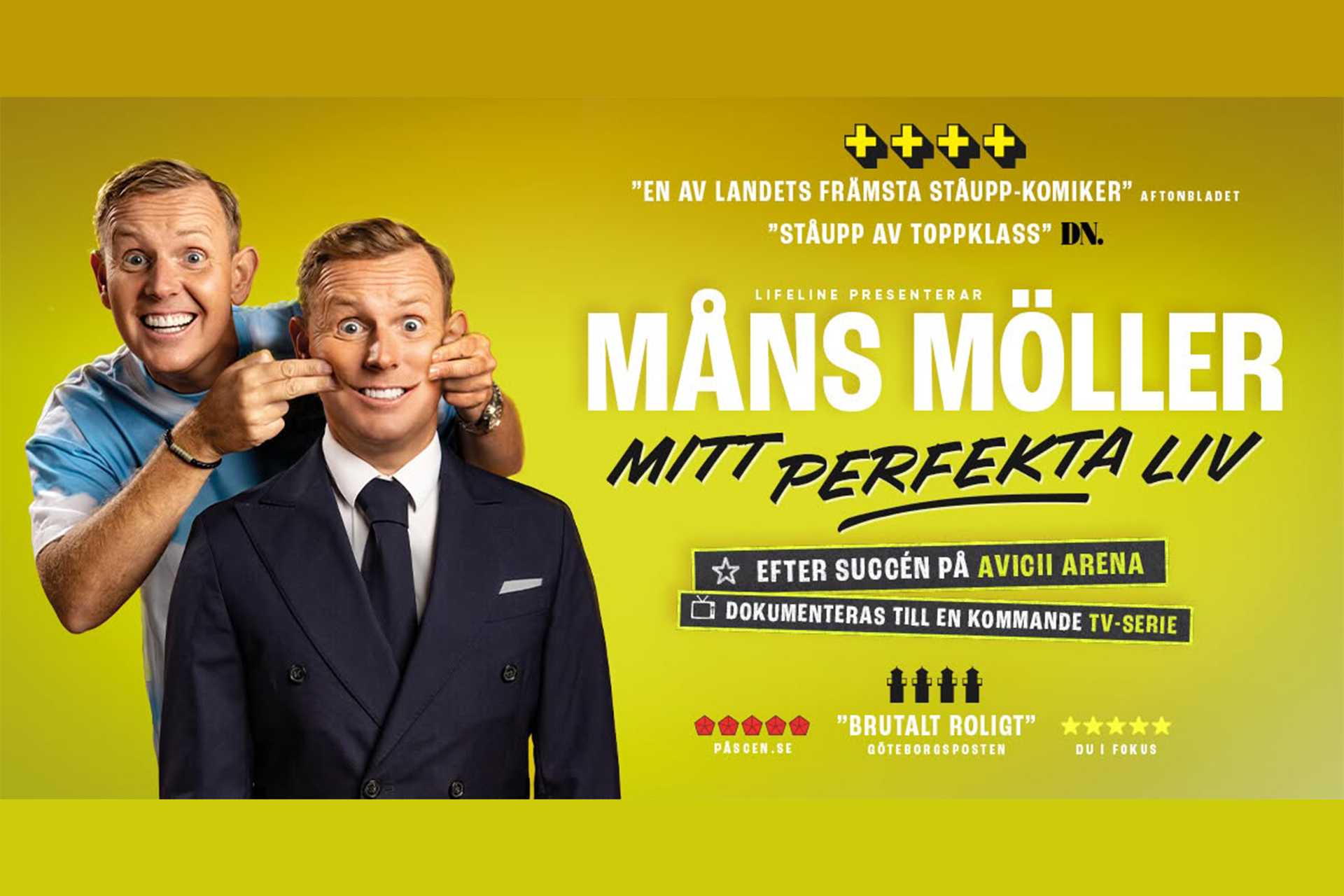 Gul pressbild för Måns Möllers show Mitt perfekta liv. En glad Måns drar upp mungiporna på en chockad Måns.