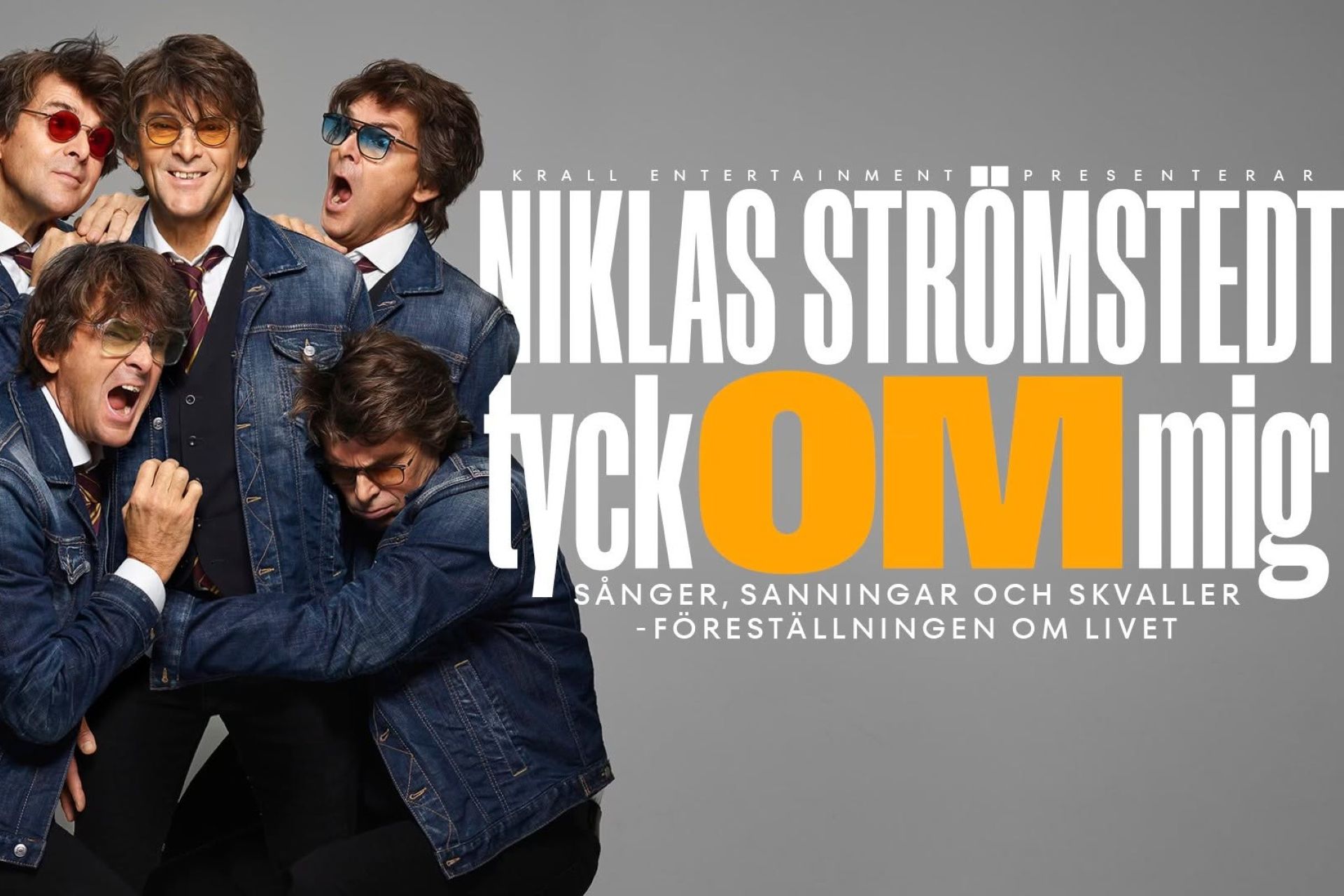 Pressbild för Niklas Strömstedts föreställning Tyck om mig – sånger, sanningar och skvaller! Fem Niklas kramar om varandra.